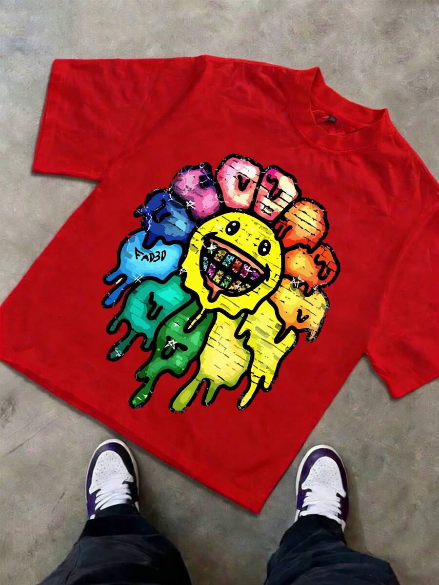 Boys & Teens' Casual Graphic Print Round Neck Short Sleeve T-Shirt, Summer Top - 紅色1 - 查看 1