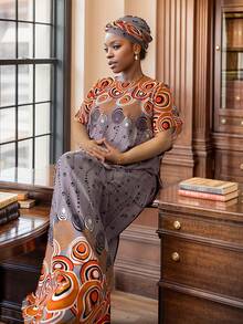 Dress With Large Elegant Flower Print - Round Neck, Bat Sleeve Embroidered Robe, Plus Size Elegant Women's Robe - Dusty Purple - View 5