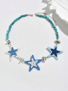 这款时尚优雅的波西米亚海洋元素蓝色木质海星和仿绿松石串珠项链，适合女士海滩度假、毕业典礼、节日礼物，每颗树脂珠都拥有独特的天然纹理。 - 彩色 - 查看 6