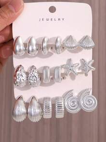 2/6/18件套时尚新款银色海星、贝壳、光滑水滴、凹点水滴、多种形状C形耳环套装，适合女性日常佩戴，是馈赠亲朋好友的理想礼物 - 銀色 - 查看 1