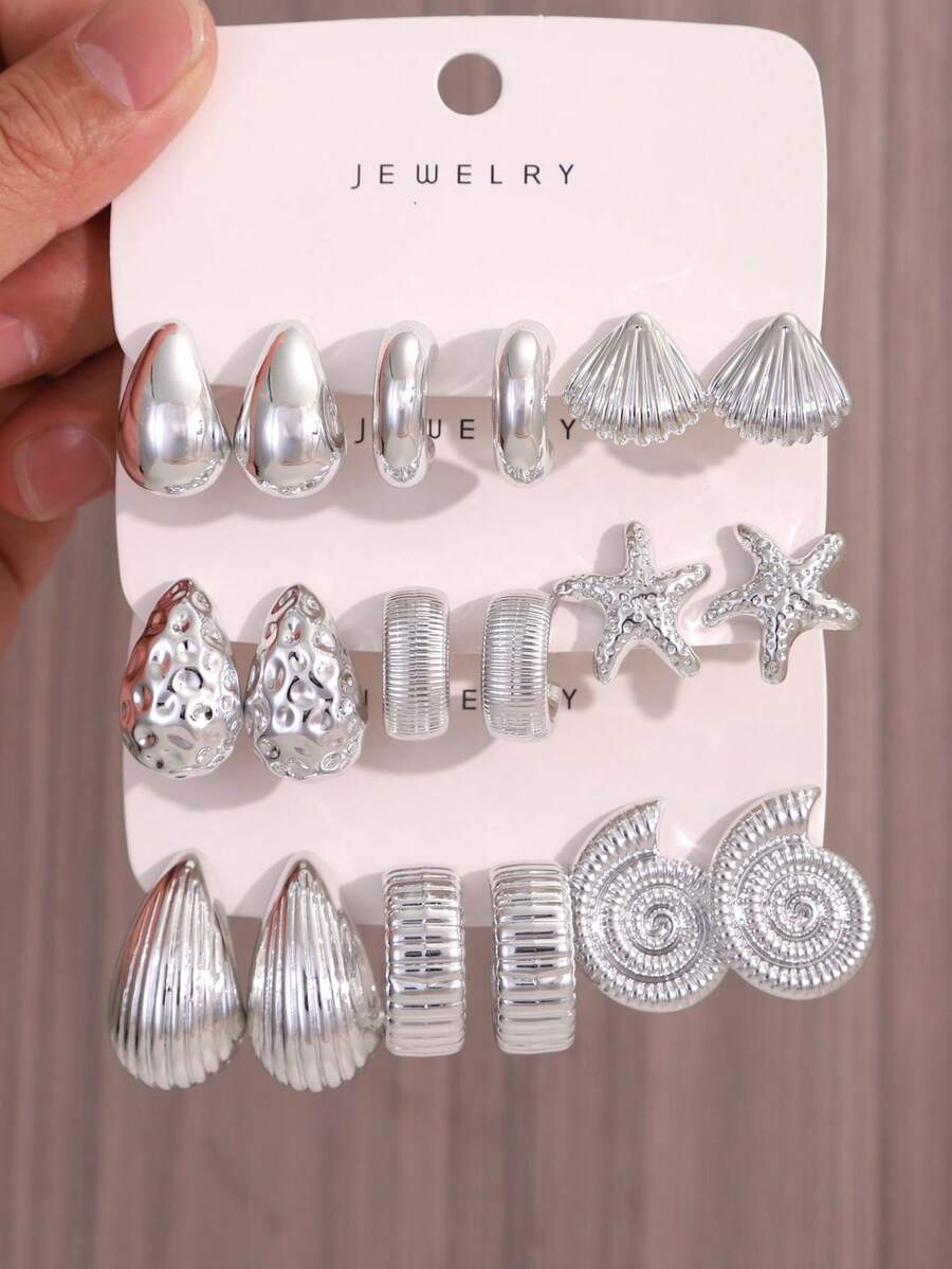 2/6/18件套时尚新款银色海星、贝壳、光滑水滴、凹点水滴、多种形状C形耳环套装,适合女性日常佩戴,是馈赠亲朋好友的理想礼物 - 銀色 - 查看 1