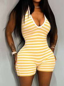 Vaiaye Women's Fashionable Sexy Deep V-Neck Backless Short Sleeve Jumpsuit, Contrast Color Striped Jumpsuit, Women Fitness Wear Summer Elegant - Yellow - View 9