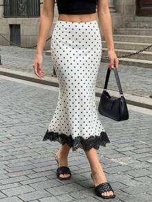 EARO Women's Polka Dot Lace Trim Patchwork Skirt, Fashionable Stretch Satin Elegant Versatile Polka Dot Skirt With Black Lace Details, Flowing And Comfortable, Made Of Low-Stretch Fabric. White Spring - 白色 - 查看 1