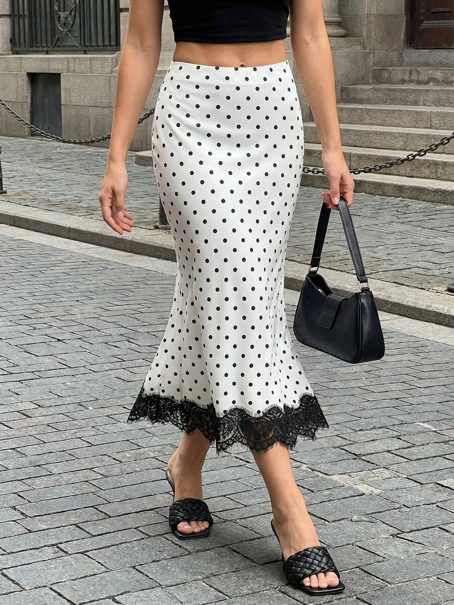 EARO Women's Polka Dot Lace Trim Patchwork Skirt, Fashionable Stretch Satin Elegant Versatile Polka Dot Skirt With Black Lace Details, Flowing And Comfortable, Made Of Low-Stretch Fabric. White Spring - 白色 - 查看 1