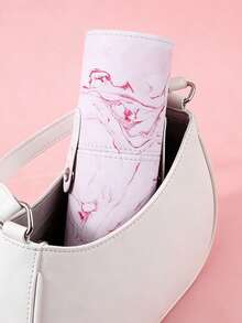 Portable Marble Pattern Makeup Brush Bucket, 1pc PU Leather Dustproof Cosmetic Storage Holder, Large Capacity Vanity Organizer For Travel & Daily Use - Baby Pink - View 5