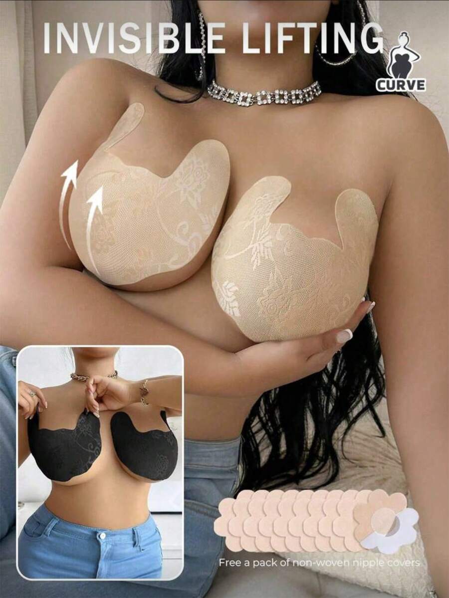 2/4 Pairs Plus Size Breathable Invisible Lace Nipple Covers With Random Print, Suitable For Wedding Dress, Strapless, Large Bust Support - Multicolor - View 1