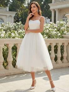 Elegante vestido de novia, vestido de novia blanco para mujer, vestido de novia de longitud té, vestido de noche de satén para mujer, vestido formal de tul para mujer, vestido formal de fiesta de boda para mujer - Blanco - Ver 4