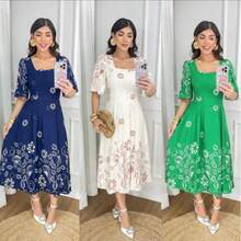 Vestido Midi Dália Forrado Acinturado Estampado - Damasco - Visão 3