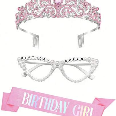 6/3/1 件套女孩生日首饰套装，包括生日绶带、生日皇冠、生日女孩腰带、生日女孩皇冠发箍、生日女孩眼镜、生日女王眼镜，生日派对礼物，时尚闪亮