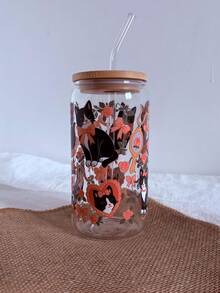 Ly thủy tinh đựng trà xanh Matcha hình mèo may mắn thắt nơ cam 16oz, in nhiệt độ cao, thích hợp dùng cho cà phê, trà xanh Matcha, sữa, soda, nước có ga, ly hình lon có ống hút, ly đựng đồ uống nóng/lạnh, lựa chọn quà tặng tốt nhất. - Nhiều màu - Xem 2