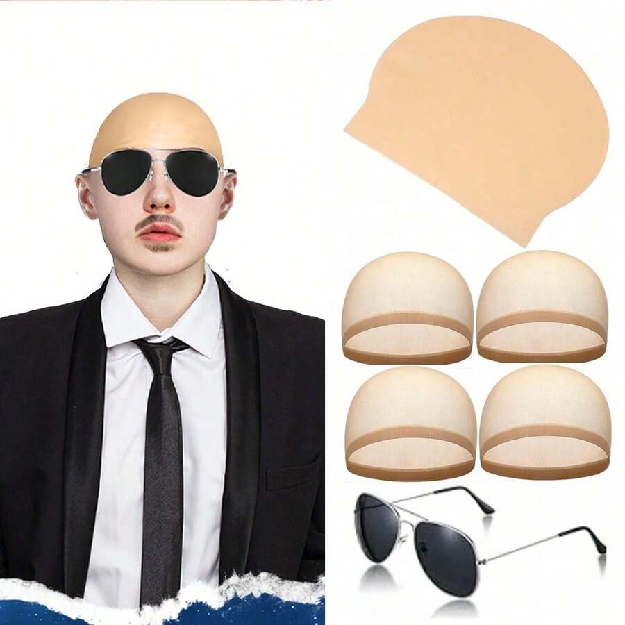 Bald Cap With Glasses, Nylon Bald Latex Wig Cap, Suitable For Adults Cosplay Party Costume Accessories, For Men And Women