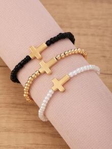 1 Bộ vòng tay co giãn đính hạt đa năng phong cách tối giản, vòng tay mặt dây chuyền hình thánh giá dành cho thanh thiếu niên - đi qua - Xem 5