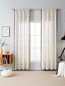 1pc Pink & Gray Floral Embroidered Sheer Boho Window Curtain, Living Room/Bedroom Lace Trim Voile Curtain, Moranji Color Soft Breeze Curtain, Delicate Edging Home Decor - Beige - View 3