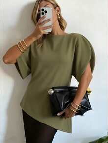 HH 女士花瓣袖收腰上衣，新款圆领短袖纯色修身派对连衣裙，不对称女装夏季 - 橄欖綠 - 查看 4