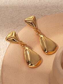 1 Pair Luxury Exquisite Stainless Steel 18K Gold Plated Textured Triangle & Water Drop Earrings, Suitable For Daily, Work, Date, Party - E1296-02 - مشاهدة 3