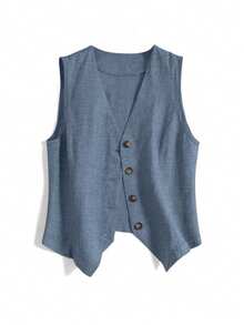 Áo khoác blazer vải lanh dáng rộng dành cho nữ cỡ lớn, thích hợp mặc mùa xuân/hè. - Màu xanh bụi bặm - Xem 3