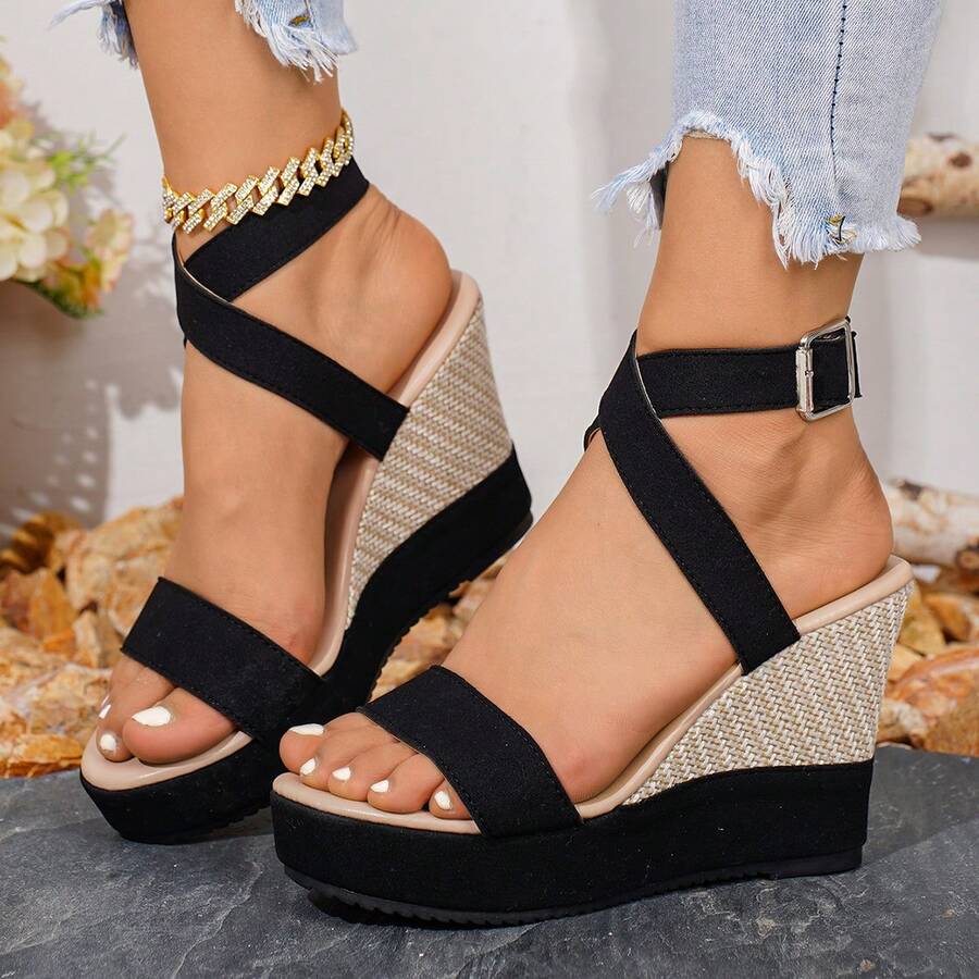 New Thick Bottom Woven Straw Wedge Sandals, High Platform, Crossed Straps With Buckle, Open Toe, Plus Size, Thick Sole Platform Shoes, Comfortable Daily Wear, Fashionable European And American Style, Sexy Round Toe, Simple Strap, Classic Black Color, Ankle Strap Wedge Sandals - Black - View 1