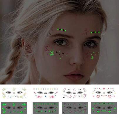 4 Tờ Hình Xăm Tạm Thời Phát Sáng Trong Bóng Tối, Dành Cho Cả Nam và Nữ, Hình Xăm Trang Điểm Mặt Nhiều Màu Sắc, Họa Tiết Bướm, Trái Tim và Ngôi Sao, Hình Xăm Giả Không Thấm Nước, Giữ Được 2-5 Ngày, Có Thể Dán Lên Mặt, Tay, Cánh Tay, Cổ và Ngực, Thích Hợp Cho Lễ Hội, Tiệc Tùng, Lễ Hội Âm Nhạc và Làm Quà Tặng Để Làm Phong Phú Trang Điểm Khuôn Mặt.