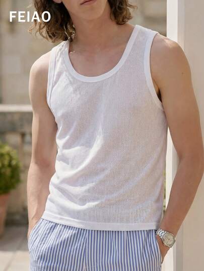 FEIAO Men's Vintage Style Old Coin Aesthetic Design Breathable Comfortable Outdoor Sports Linen Vest, Casual Lightweight Outdoor Fashion Versatile Summer Version