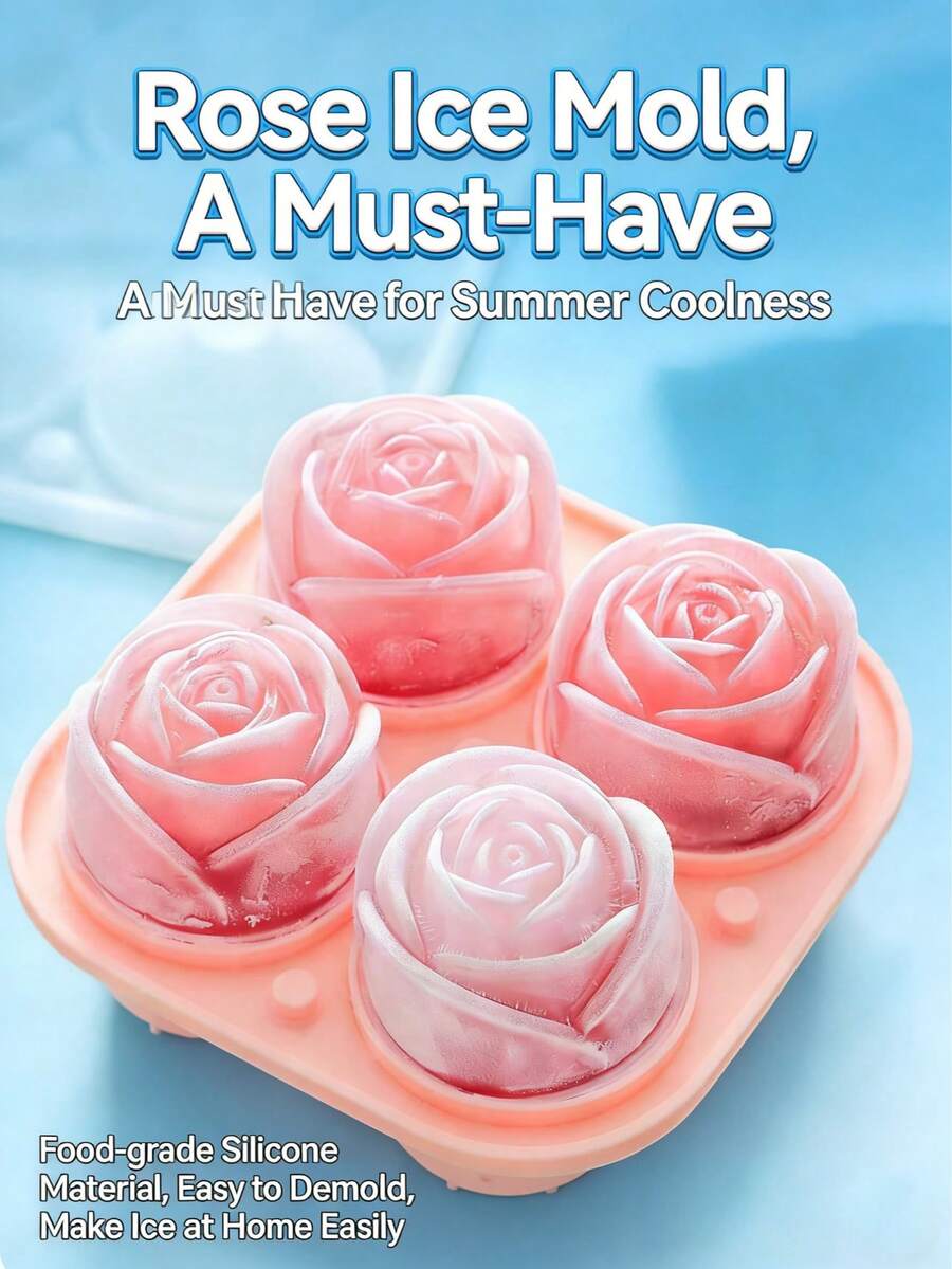 4-Cavity Reusable Rose Shaped Tray Mold, Suitable For Making Ice Cream, Chocolate, Jelly, Ice Cubes, Ideal For RV Parties, Kitchen, Fridge, Baking, Back To School, Summer Ice Box And Ice Tray, Silicone Rose Shaped Ice Cubes - Perfect For Decorating Romantic Cocktails Like Gin Tonic, Champagne, Reusable Party Decor, Essential For Vegan Kitchen, Christmas Gift, Floral Pattern Bar Tool - Multicolor - View 1