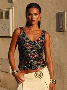Women Sequin Tank Tops Slim Contrast Sparkly V Neck Sleeveless Vest Stylish Summer Streetwear - Negro - Ver 3