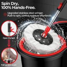 Three  And Bucket Sets,Spin Mop Bucket With Wringer Set, Operable 360 ° Rotating Mop Bucket Set, With 3 Microfiber Replacement Head ,Stainless Steel Mop Bucket 61 Inch Adjustable Handle Household Cleaning Tools Black Plastic - 2 - 查看 3