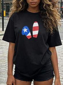 Sommerkleidung für Damen, weiches Baumwoll-T-Shirt mit Rundhalsausschnitt, lässig, mit Puerto-Rico-Kultur-Druckmuster - Schwarz - Übersicht 3