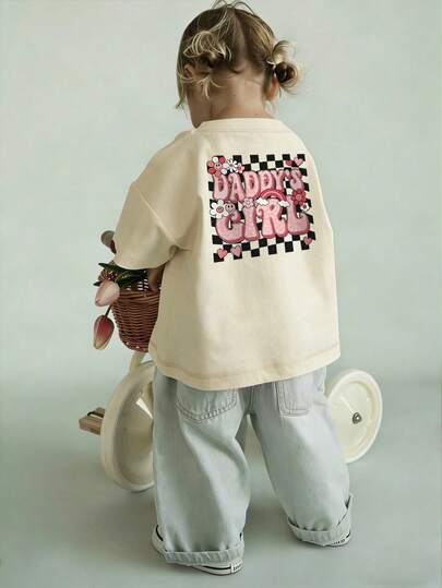 Baby GirlMinimalist Plaid Graffiti & Letter Print Round Neck Short Sleeve Cute Top