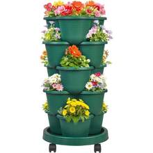 5 Tier Vertical Stackable Planter With Wheels & Self Watering System 3-Lobe Tower Movable Garden Plant Pots For Strawberries Herbs Flowers & Vegetables Space Saving Outdoor Planter For Balcony Patio Courtyard & Garden Decor Effect - A - View 9