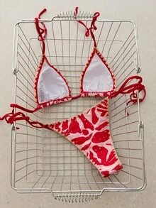 Onefish 滑动杯比基尼上衣，可调节侧系带下装，低腰高衩，极简遮盖，性感夏季海滩度假泳装 - 紅色 - 查看 5