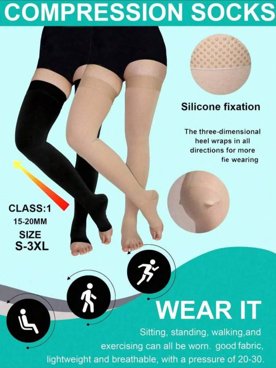 黑色加大码压缩袜，2级过膝裸色压缩袜，男女通用，裸色无趾不透明女袜，男士运动袜，女士多功能袜，硅胶固定，腿套，护膝，母亲节礼物，父亲节礼物，送给妈妈/爸爸的礼物 - 彩色 - 查看 1