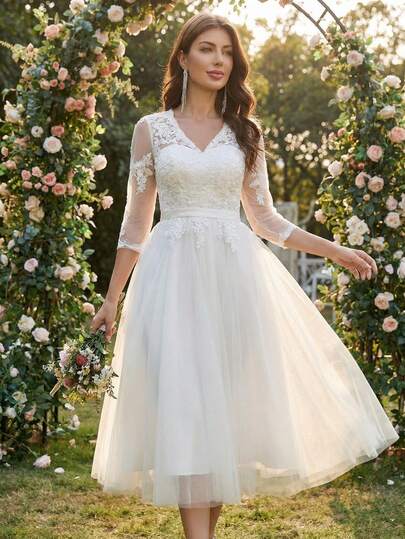 Romantic Appliques Wedding Dresses Bridal,White Dress For Women, Tulle Wedding Dress For Women, Tea-Length Ball Gowns, Women's Formal Dress For Wedding Party