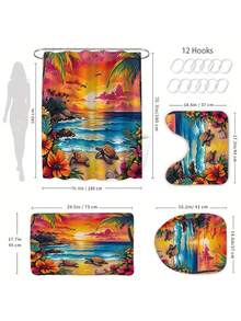 1/4 Piece Bathroom Set, Hibiscus Flower, Seashell, Sea Turtle, Tropical Plants, Ocean, Coastal Blue Green Yellow Pink Shower Curtain, Machine Washable For Summer, Bathroom Use, Includes 12 Hooks, Non-Slip Bath Mat, U-Shaped Toilet Lid Cover - A - View 5