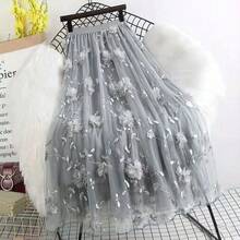 Women's Elegant Mesh Embroidered Floral Skirt, Autumn Vacation Spring - Grey - View 3