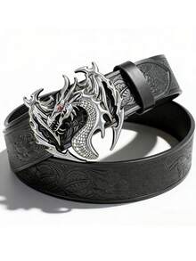 1pc Punk Style Dragon Embossed Belt, Unique Buckle Accessory - Black - View 3