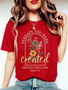 SHIMIDA Women'S Retro Christian T-Shirt- Floral Print God Made Me Awesome& Ephesians 2:10 Bible Verse, Light Beige Round Neck Short Sleeve Casual Top, Washable Religious Inspiration Clothing, Exclusive Spiritual Women,Women's Graphic Round Neck Short Sleeve Tee, Casual Daily Tops, St. Patrick's Day Easter Holiday Outfits - 紅色 - 查看 8