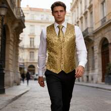 Men's Paisley Jacquard Suit Vest With Necktie - Gold - View 1
