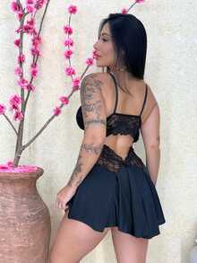 Set Of 2 Women's Sensual Ballerina Sexy Nightgowns With Lace, Sleepwear, Blue And Black - 淺藍色 - 查看 2