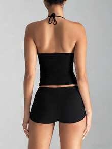 Women's Ruched Tie-Up Backless Fitted Camisole, High Stretch Yoga Fabric, Black, Summer - Black - View 6