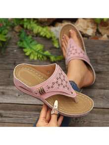 2026 New Style Women's Wedge Heel Flip-Flops - Breathable Hollow-Out Toe & Clip Design, Lightweight Synthetic Cover Sandals With Cushioned EVA Insole & Non-Slip PVC Sole, Slip-On All-Season Casual Shoes, Comfortable Footwear, Crisscross Strap Design, Durable Traction Footwear - Pink - View 6