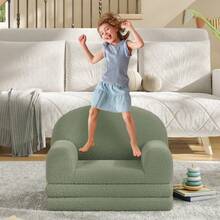 Sofá infantil 2 en 1 convertible - Sillón y cama plegable de espuma - Tela suave sherpa - Ideal para sala de juegos, guardería y regalo - Diseño media luz - Verde - Ver 2