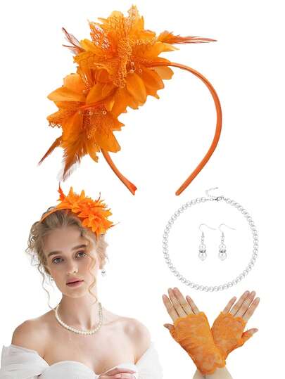 Bộ 4 món phụ kiện dự tiệc trà Forever & Moment dành cho nữ, gồm băng đô hoa, bông tai cổ điển, vòng cổ ngọc trai giả và găng tay ren hở ngón, thích hợp cho buổi tối nhạc kịch, tiệc phong cách thập niên 1920, dạ hội, váy dạ hội sang trọng và cosplay.