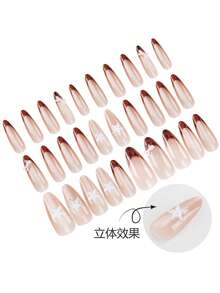 30片亚克力美甲贴纸，杏仁形/复古甜美法式美甲，透明裸粉色底色搭配琥珀色法式甲尖和3D装饰，独特的复古女性风格，适合小众甜美场合的按压式美甲 - 彩色 - 查看 4