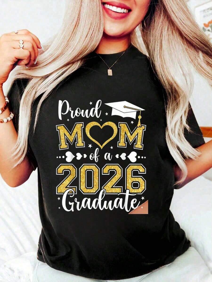100% Cotton T-Shirt "Proud Mom Of 2026" For Women And Men, Graphic Print, Comfortable Crew Neck, Summer Top For Holidays - Black - View 1