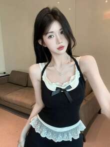 二合一蕾丝拼接吊带背心，女士夏季外套，带胸垫，性感细肩带休闲背心 - 黑色 - 查看 8