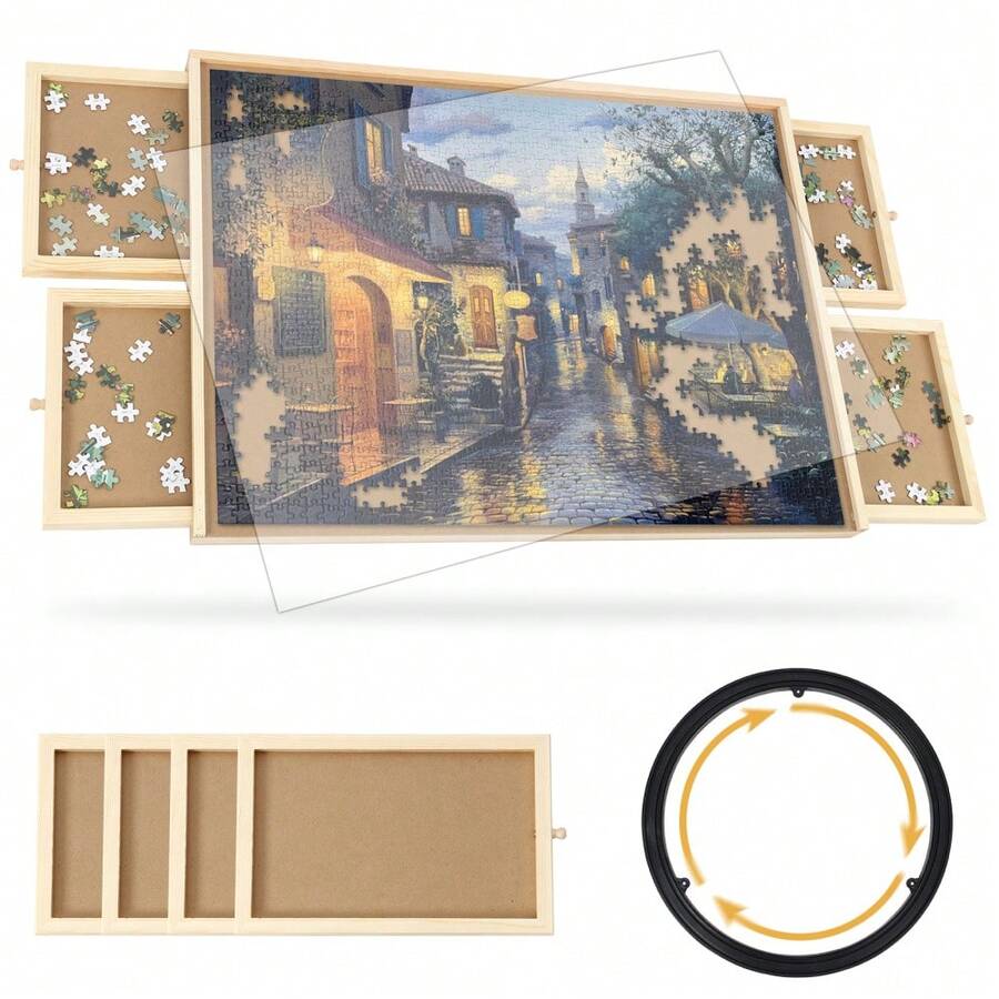 Mesa de rompecabezas portátil de madera de pino con cuatro cajones, 30 x 22 pulgadas. - / - Ver 1