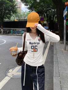 V-Neck American Letter Print Long Sleeve T-Shirt For Women, Spring Fitted Sexy Unique Design Top Casual - White - View 1