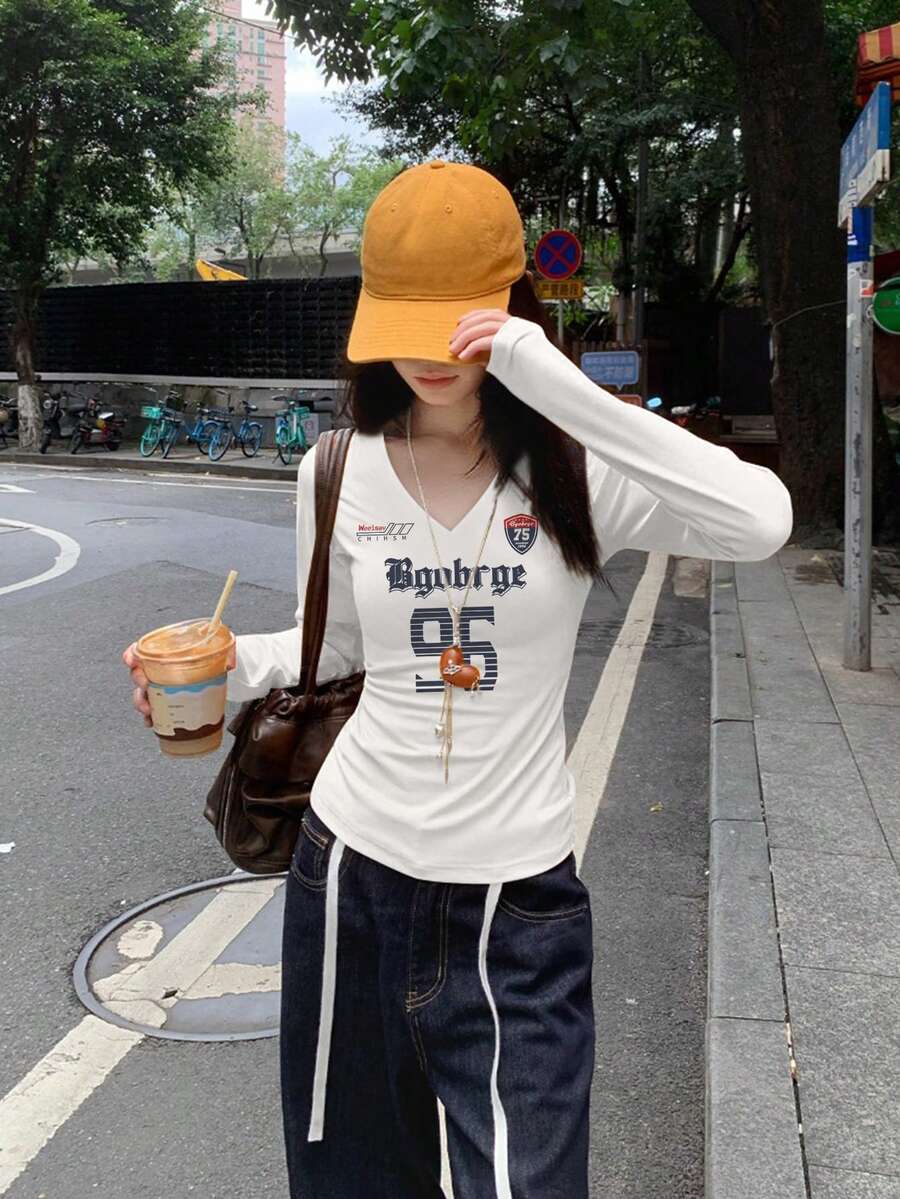 V-Neck American Letter Print Long Sleeve T-Shirt For Women, Spring Fitted Sexy Unique Design Top Casual - White - View 1