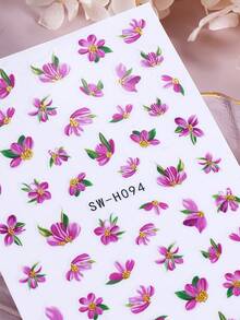 3D紫粉花瓣美甲贴纸2片装，渐变盛开樱花芙蓉花瓣绿叶春夏花卉印花DIY Y2K时尚自粘凝胶指甲油贴纸滑块美甲装饰沙龙美甲 - 彩色 - 查看 5