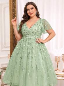 Đầm midi thanh lịch màu xanh bạc hà, tay ngắn, cổ chữ V, họa tiết hoa đính sequin, thích hợp cho tiệc cưới, du lịch mùa xuân/hè. - Màu xanh Bạc hà - Xem 6